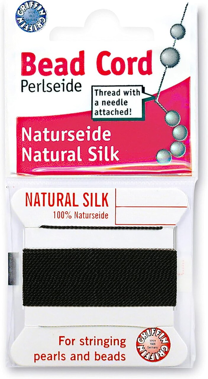 Griffin Silk Bead Cord Perlseide – Size 8 (0.80mm) – 2 Meters per Card – Stainless Steel Needle Attached – for Knotting Pearls, Gemstones, Crystals and Beads